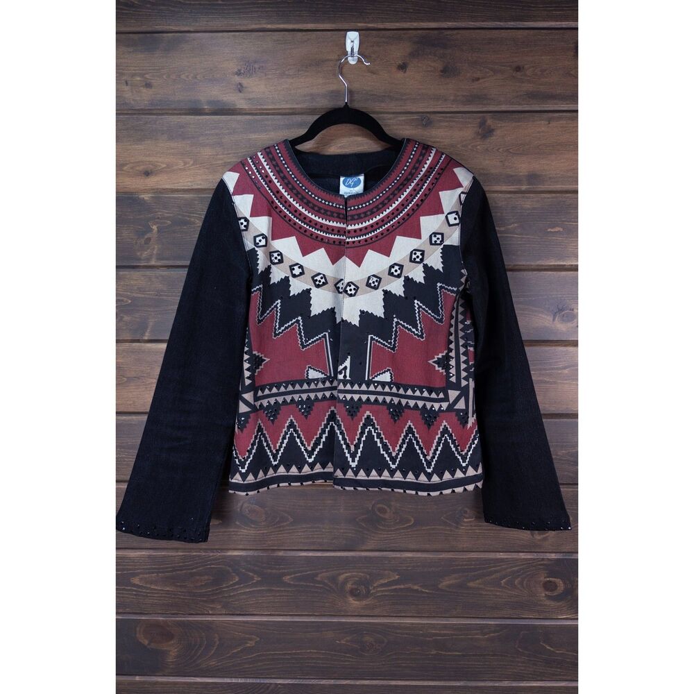 DG2 Diane Gilman Black Red Southwestern Geometric Rhinestone Jacket Size Small